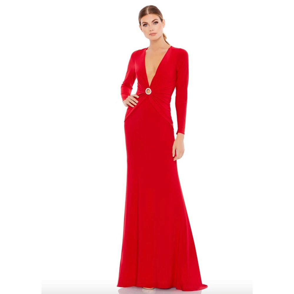 MAC DUGGAL Dress Size 6 Evening Gown Red NEW Gathered Pearl Deep V Keyhole